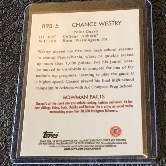 Chance Westry Auburn 2022-23 Bowman Chrome University 2009 Insert - Picture 2 of 3